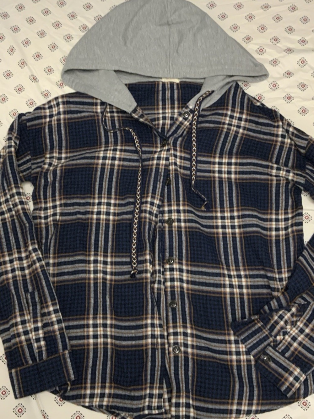 Womens Button Up Plaid medium Flannel Hoodie Black Grey Long Sleeve Drawstring